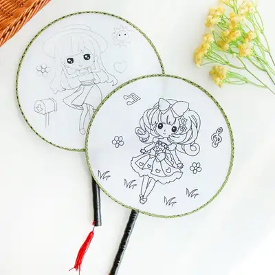 うちわ作り 塗り絵 子ども用 円形持ち手うちわ(p)