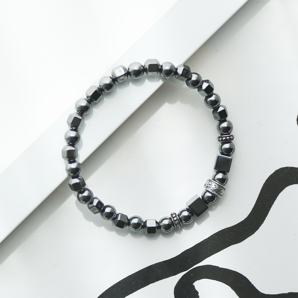 Om Mani Padme Hum Rondel Hematite Raw Stone Bracelet H Men's Fashion Mantra Beads