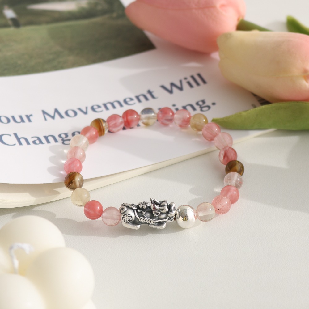 Watermelon Stone Silver Bead Wealth Pixiu Bracelet 6mm Women's Couple Power Stone