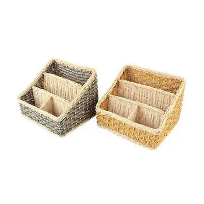 4-Compartment Rattan Basket Organizer | Multi-Purpose Storage Caddy with Remote Control Holder