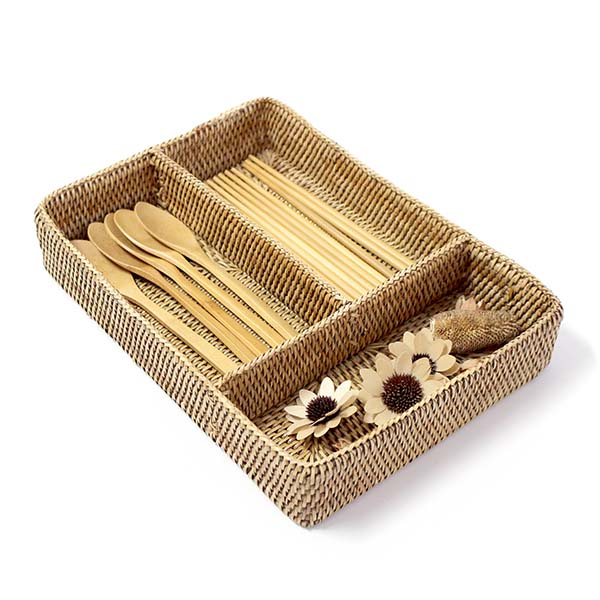 Rattan 3-Compartment Spoon Basket | Utensil Organizer Tea Seaweed Basket