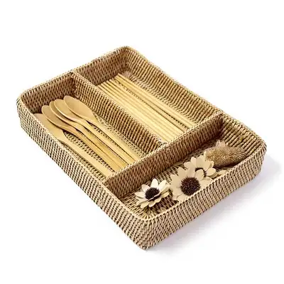 Rattan 3-Compartment Spoon Basket | Utensil Organizer Tea Seaweed Basket