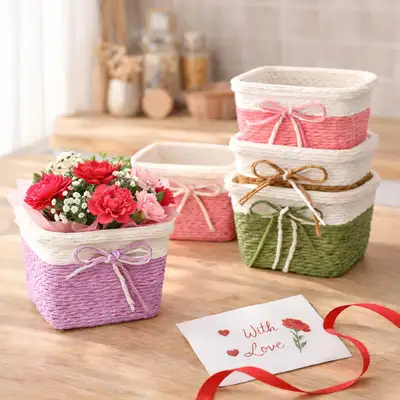 Gauze Ribbon Square Mini Basket (Carnation Flower Basket for Parents' Day / Candy / Easter Egg Basket)