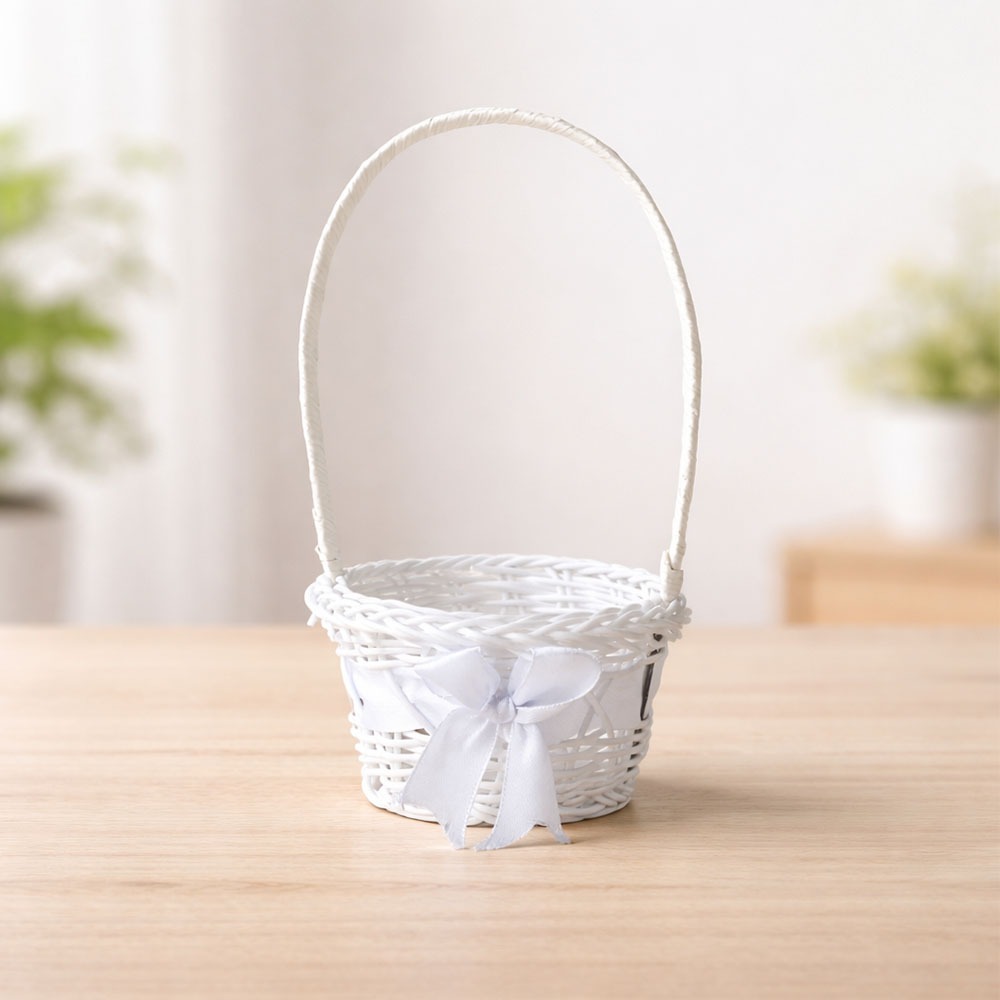 S Mini PP Ribbon Handle Basket White (Easter Eggs Basket Halloween Candy Cake Packaging Flower Basket)