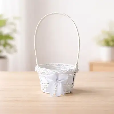 S Mini PP Ribbon Handle Basket White (Easter Eggs Basket Halloween Candy Cake Packaging Flower Basket)