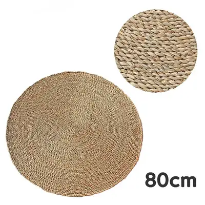 80cm Round Straw Mat with Daylily Pattern - Traditional Woven Mat for Yut Game, Living Room Decor, Carpet Rug