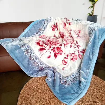 Thick Mink Blanket Extra Large Sky Blue (Retro Vintage Grandma Style Ultra-Soft Double-Sided Winter Quilt Blanket)
