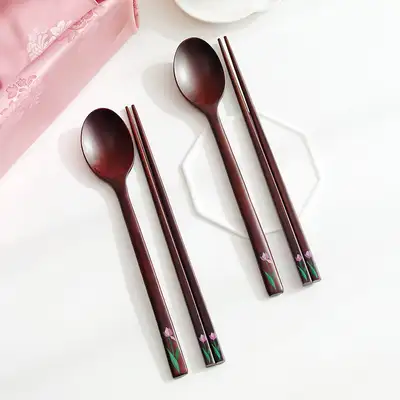 박씨상方 2人用 彩花漆塗 ブラウン 木製スプーン・箸セット(ハンソンイ)+高級ケース