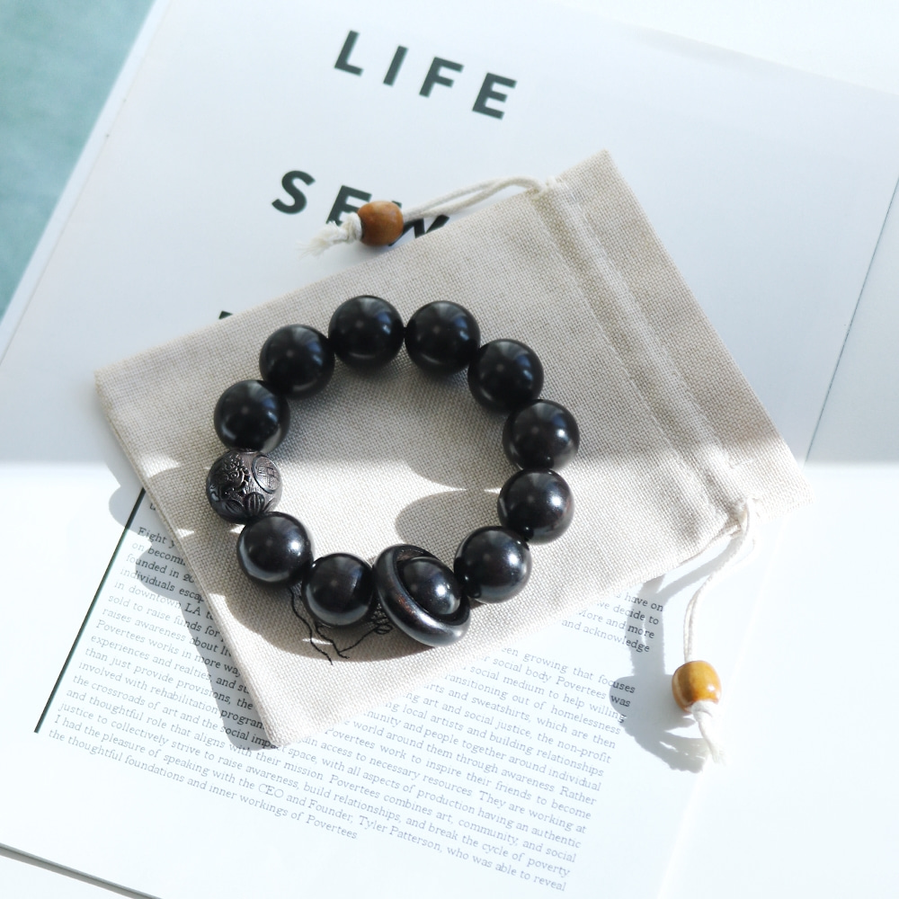 Simple Black Wood Prayer Beads Single Strand 18mm + Lotus Leaf Pouch Buddhist Prayer Beads