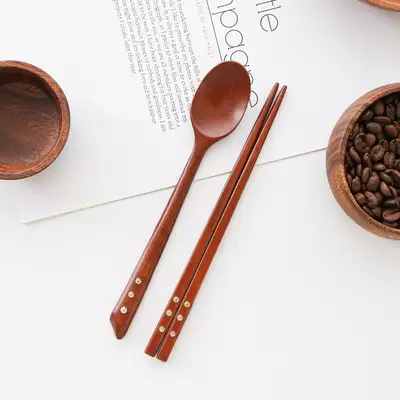 1セット 漆塗り 星花 貝殻装飾 子ども用斜めライン木製スプーンフォークセットD