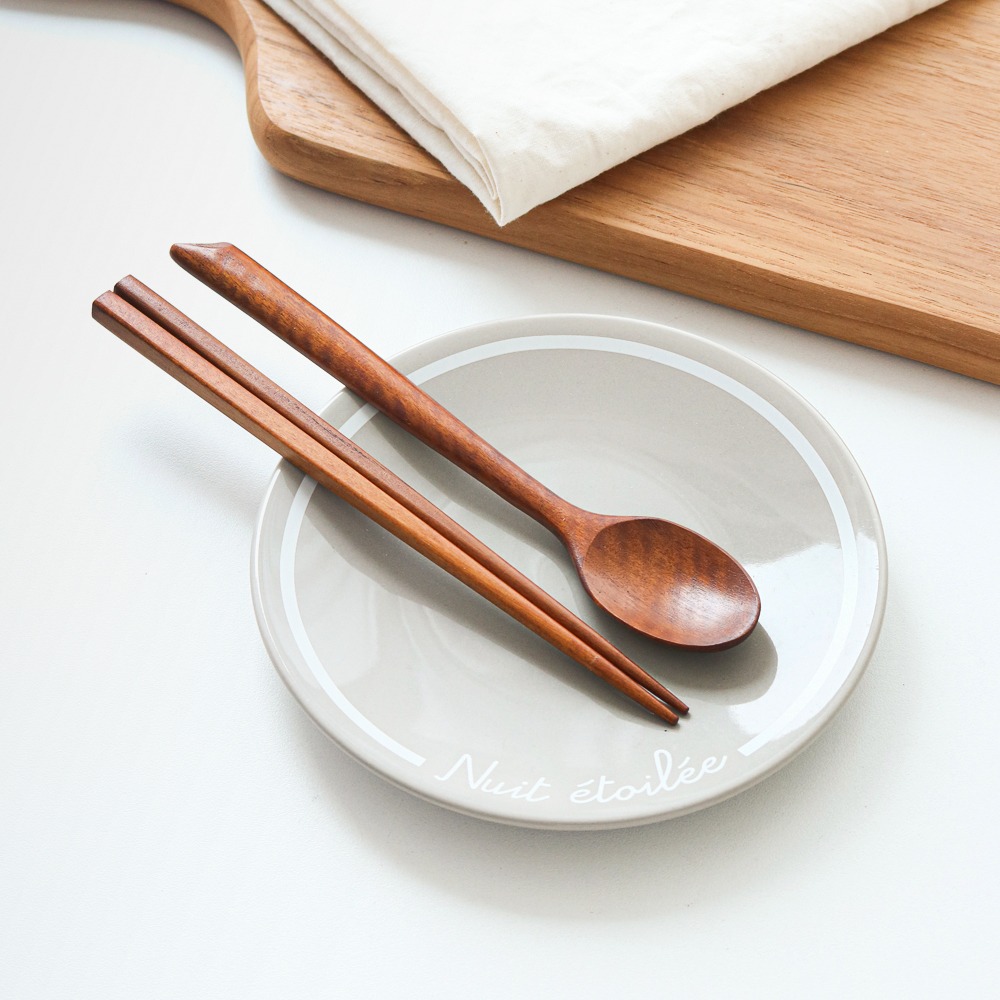 Children's Jujube Wood Spoon and Chopstick Set (Diagonal Pattern) M