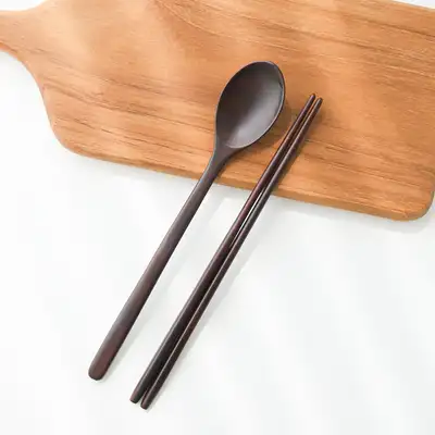 1人用高級漆塗りチーク木製スプーン・箸セットM