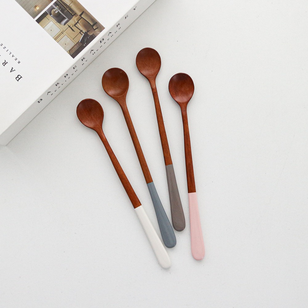 (4 Styles) Pastel Color Lacquered Wood Round Long Spoon Set