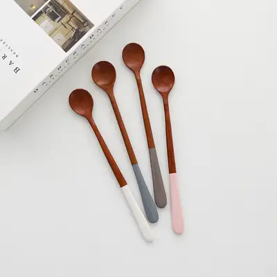 （4種）パステルカラー漆塗り木製丸型ロングスプーンセット