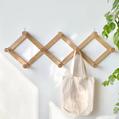 L Accordion Flat-Type Wooden Clothes Hanger | Foldable Wood Wall-Mounted Rack for Hats, Bags, and Accessories - Restaurant Hanger