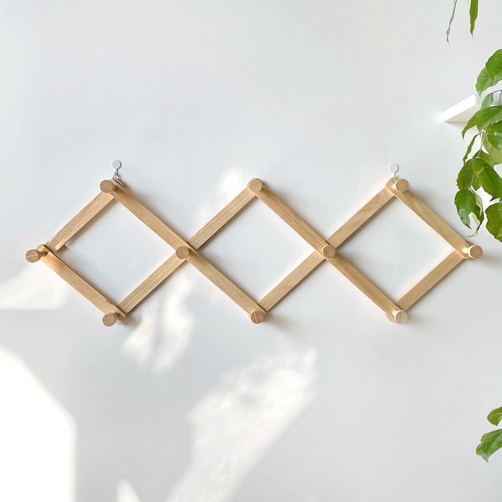 S-Shaped Accordion Flat-Type Wall Hanger | Foldable Natural Wood Wall-Mount Hook Rack for Hats, Bags, and Coats