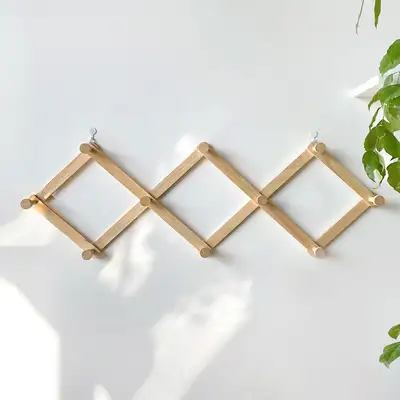 S-Shaped Accordion Flat-Type Wall Hanger | Foldable Natural Wood Wall-Mount Hook Rack for Hats, Bags, and Coats