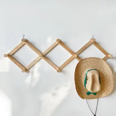 M Accordion Flat-Type Wooden Wall Hanger | Foldable Natural Wood Wall Mount Hook for Hats, Bags, Accessories, Café Display