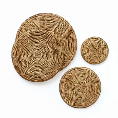 Rattan Round Mat (Premium Base Wooden Tray Serving Platter Table Mat Dining Mat Nordic Interior Decor)