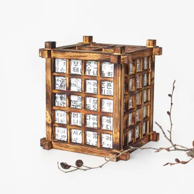 Traditional Window Pattern Square Lamp Shade with Hangul (Hanok Interior Restaurant Bar Decoration Wood Accent Mood Light Korean Paper Lantern)