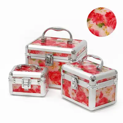 Retro Red Flower Cosmetics Case 3-Piece Set (Jewelry Box Makeup Box Cosmetics Carrier Pouch)