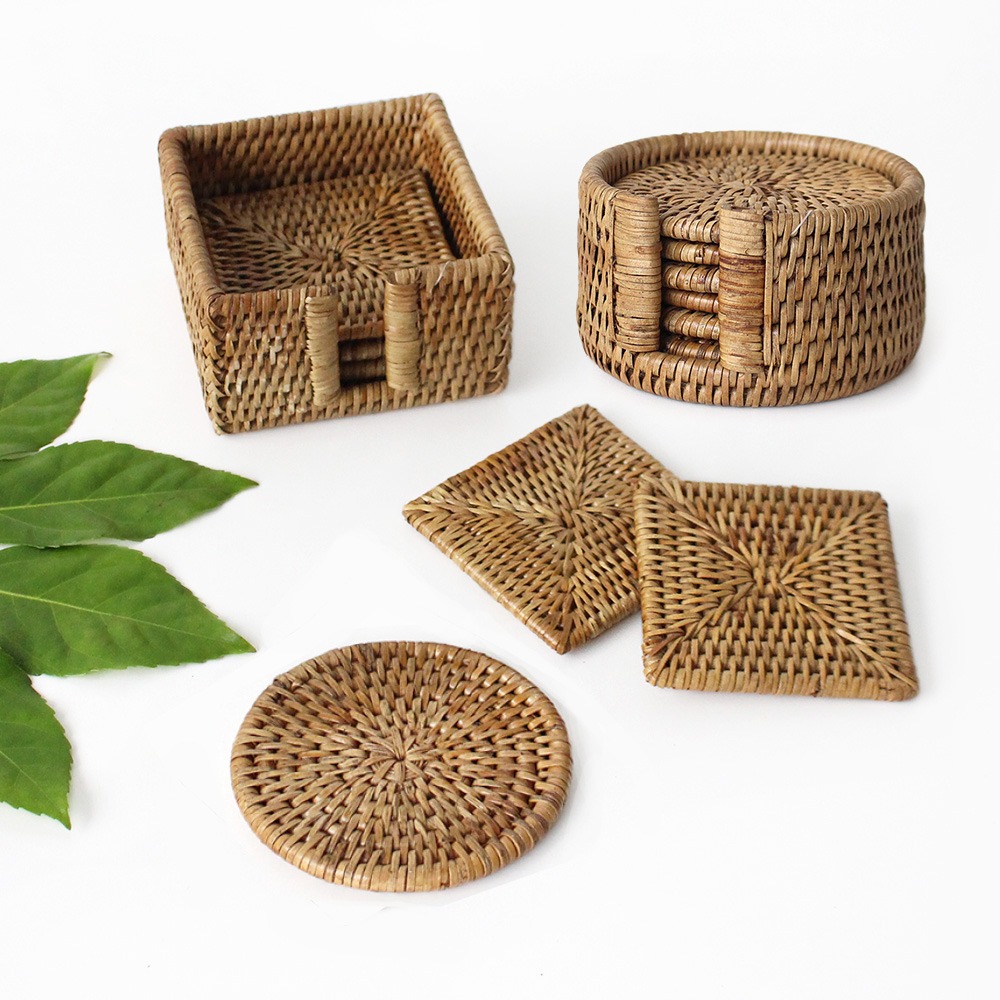 6-Piece Rattan Tea Coaster Storage Set | Cafe Cup Coasters for Tea and Coffee Cups