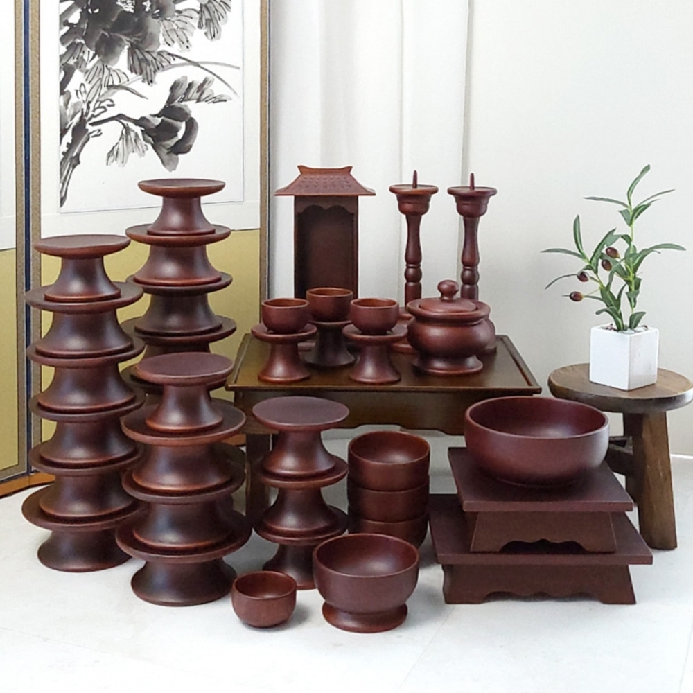 Namwon Fraxinus Wood Unwelded Traditional Ceremonial Tableware Set with Triple Lacquer Finish, 37-Piece (Includes Lacquered Wine Decanter and Candle Holder)