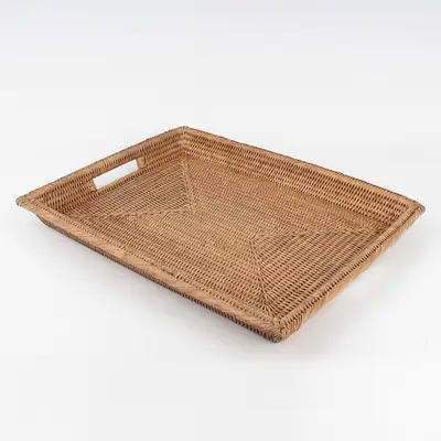S.42x32cm In-Out Rattan Tray with Handle Seaweed Bread Serving Plate