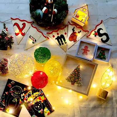 Christmas DIY Decorative Props (Wood Garland Mood Light Winter Craft Rattan Ball Aesthetic Camping Photo Zone Decoration)