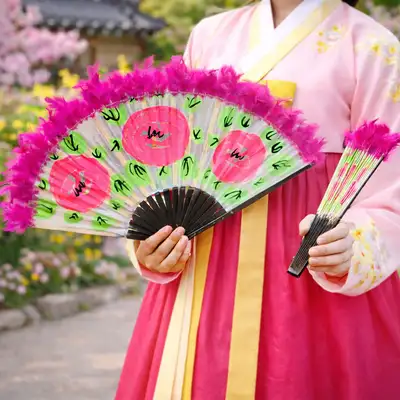 Traditional Black Korean Dance Fan 2P Set (Classic Korean Dance Sports Festival Event Practice Flower Fan Interior Decoration Prop)