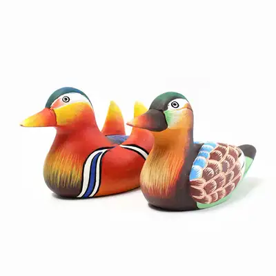Traditional Wood-Carved Colored Mandarin Duck Pair - Premium Wedding Ceremonial Decor & Korean Souvenir
