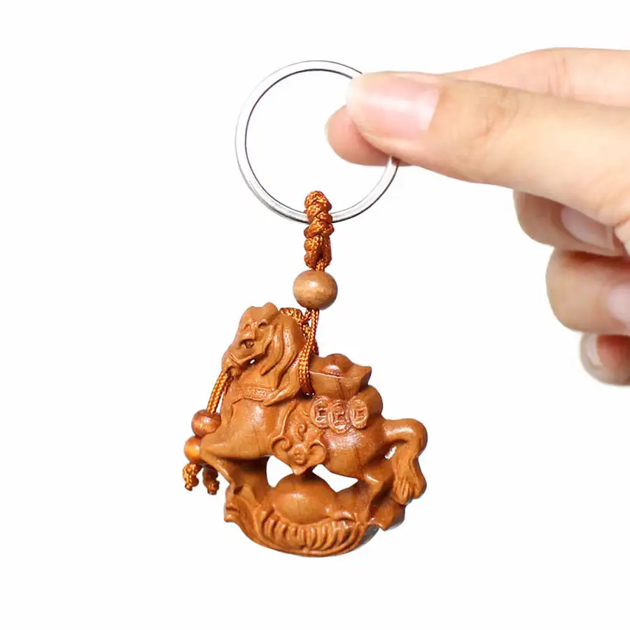 Peach Wood Twelve Zodiac Keyring (Dragon Rooster Horse Rabbit Key Holder Wealth Fortune Talisman Bulk Gift Promotional Item) — 3