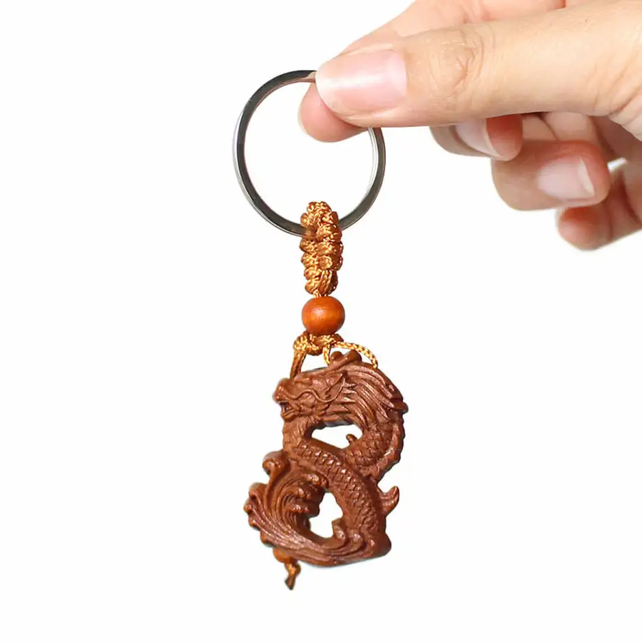 Peach Wood Twelve Zodiac Keyring (Dragon Rooster Horse Rabbit Key Holder Wealth Fortune Talisman Bulk Gift Promotional Item) — 4