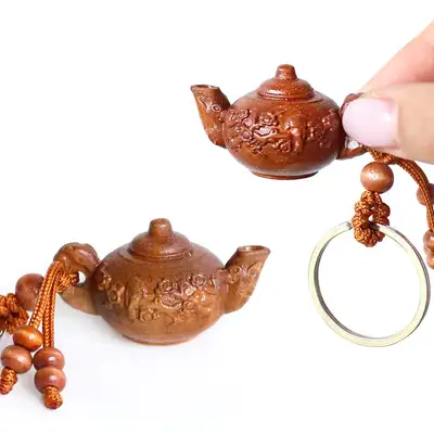Peach Wood Keyring Teapot (Key Holder Charm for Wealth, Luck, Passing Exams, Wish Fulfillment, New Year, Group Gift)
