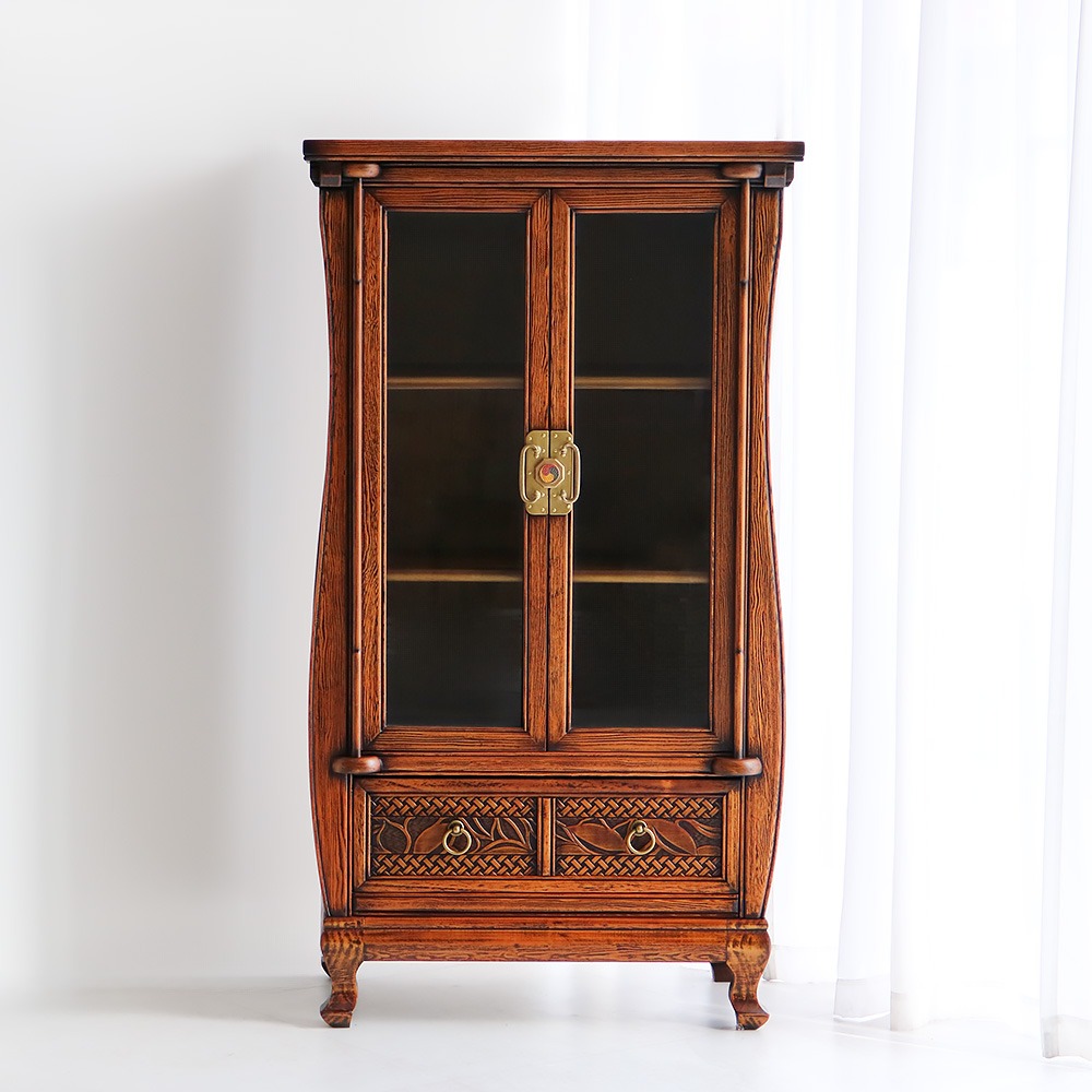 Premium Carved Narrow-Neck Bottle Liquor Display Cabinet - Traditional Antique Furniture
