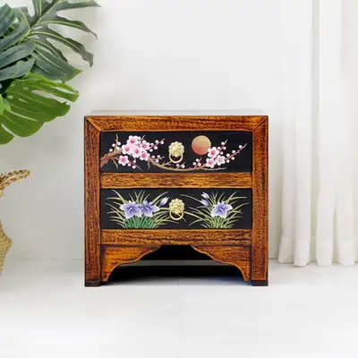 2段絵引き出し木製家具 伝統アンティーク家具