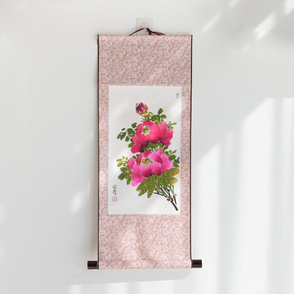 Handwritten Namjeong Oriental Painting Traditional Hanging Scroll Small Peony