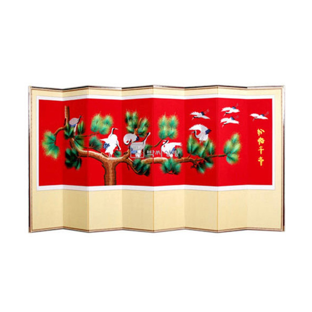 Baekssa Sangbang Pine and Crane Connected 8-Panel Red Embroidered Folding Screen with Support Rubber Fixation Device