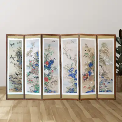 名画 花鳥図 民画 宴会用 6曲屏風+ゴムストッパー(01)