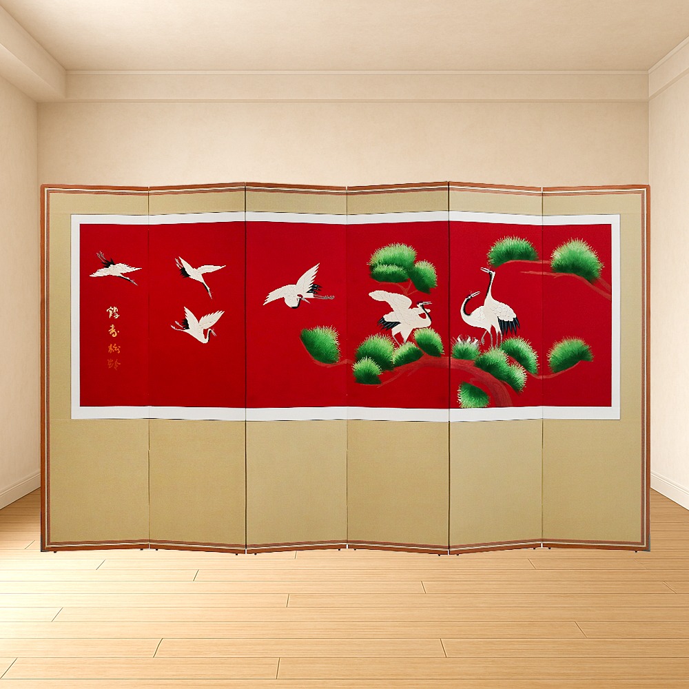 Pine and Crane Hand-Embroidered 6-Panel Screen + Support Rubber Feet