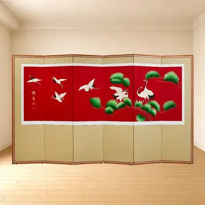 松鶴連結手刺繍六曲屏風+転倒防止ゴム付き