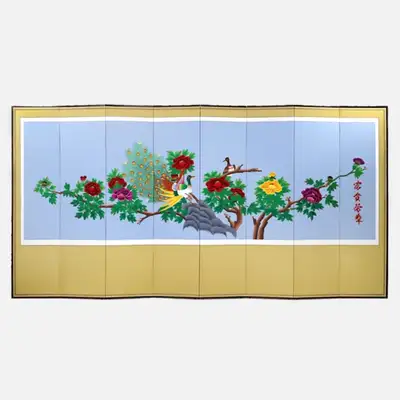 孔雀刺繍8曲連結屏風+支え木ゴム付き