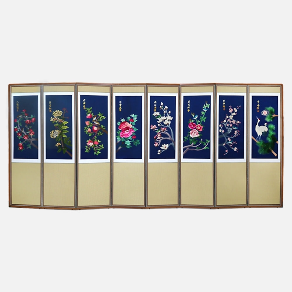 Hand-Embroidered 8-Panel Folding Screen - Birds and Flowers 09 + Support Rubber Feet Gift