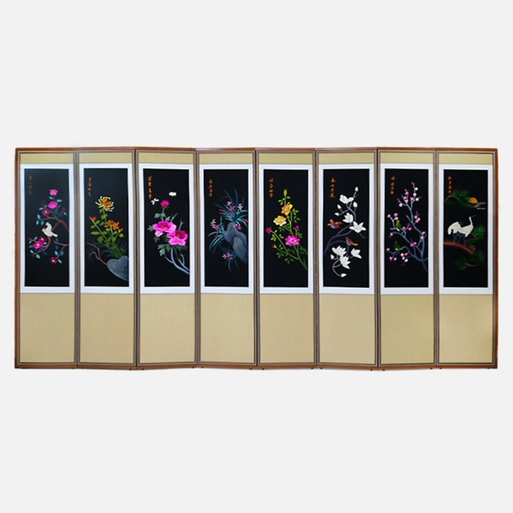 Hand-Embroidered 8-Panel Folding Screen - Flowers and Birds 08 + Support Rubber Feet Included