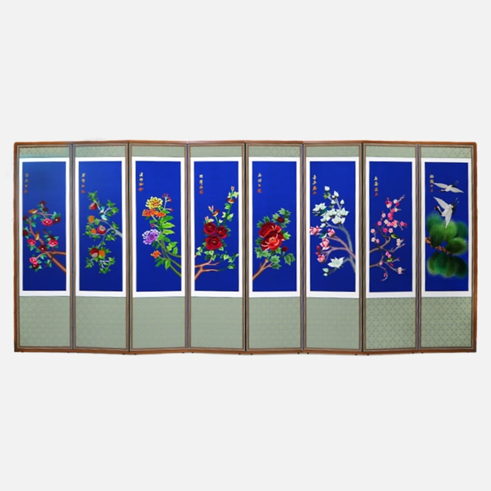 Hand-Embroidered 8-Panel Folding Screen - Flowers and Birds 07 + Support Rubber Stand Included