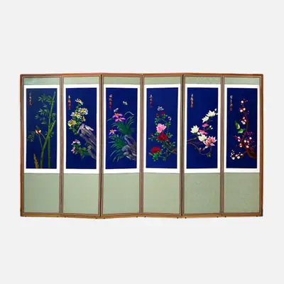 手刺繍6曲屏風 - 花鳥05+支え用ゴム付き