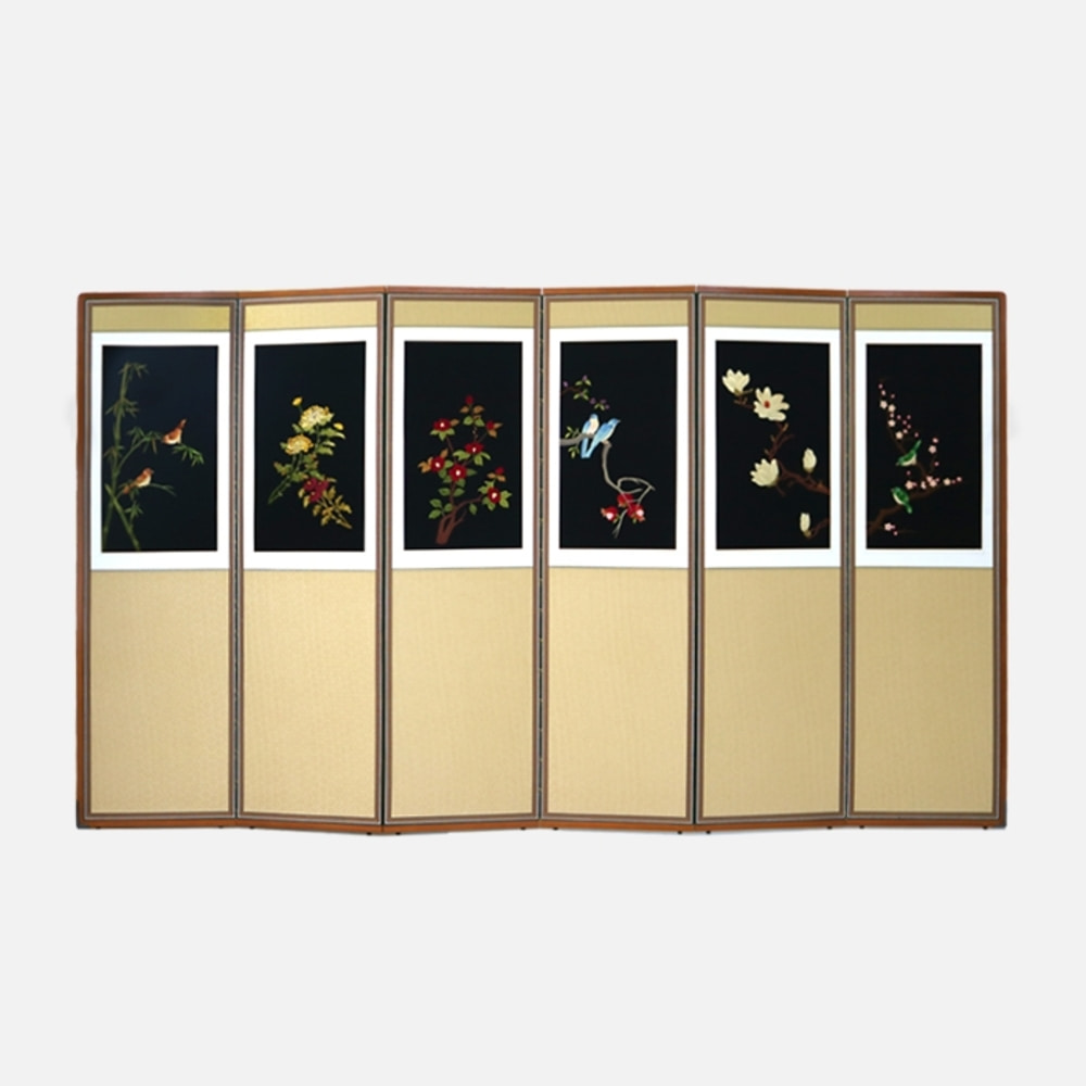 Hand Embroidered 6-Panel Folding Screen - Flowers and Birds 03 + Support Rubber Straps Included