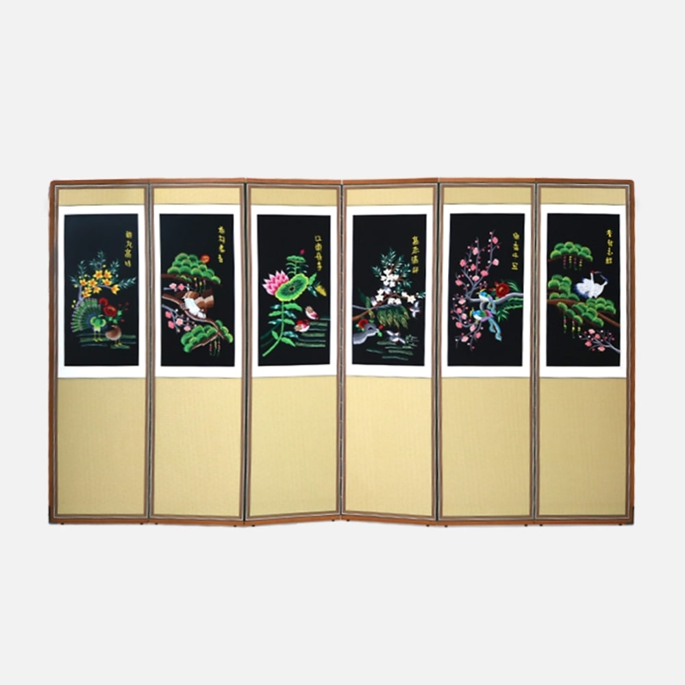 Hand Embroidery 6-Panel Folding Screen - Flowers and Birds 02 + Support Rubber Included