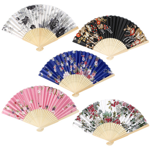 Bamboo Satin Folding Fan | Floral Portable Fan Folding Type