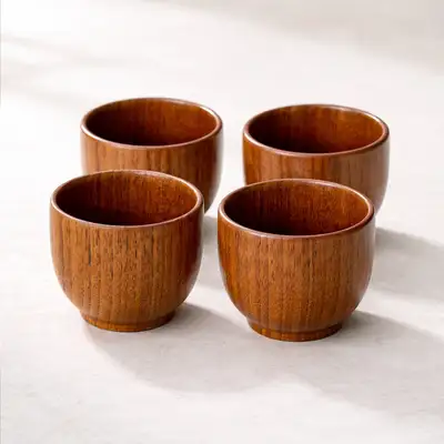 Wood Lacquer Mini Soju Cup 4-Piece Set (Aesthetic Camping Round Drink Cup Wooden Tea Cup Kitchen Interior Vintage Decor)